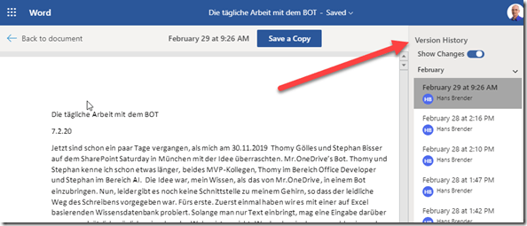 Anzeige des Versionsverlauf im Browser