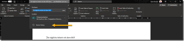 Display of the version history directly in Word, Excel, PowerShell