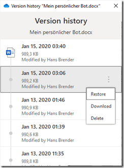 Display of the version history : Actions