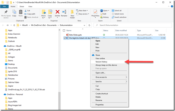 Display of the version history directly in Windows Explorer