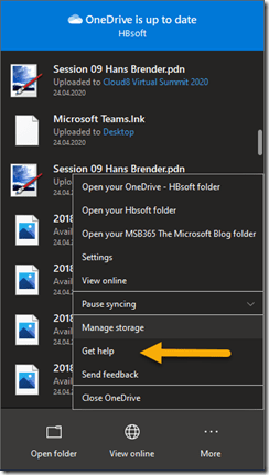 erweiterte Hilfe im OneDrive Client
