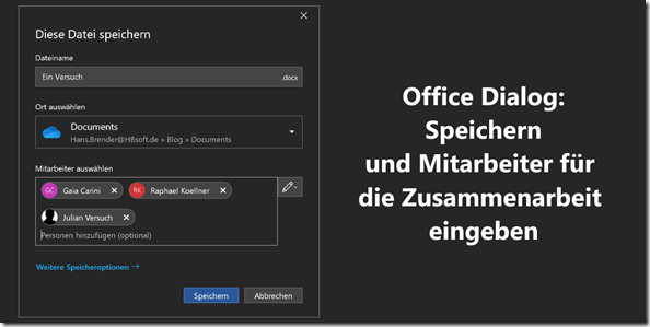 Office Dialog: speichern und Mitarbeiter für die Zusammenarbeit eingeben