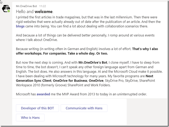 First answer of Mr. OneDrive Bot after asking "hello" in Microsoft Teams