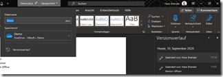 Versionsverlauf aus  der Office Applikation