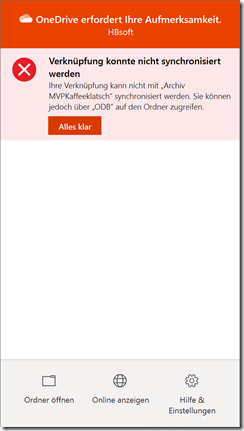 Fehlermeldung von OneDrive nach Hinzufügen einer Verknüpfung 
