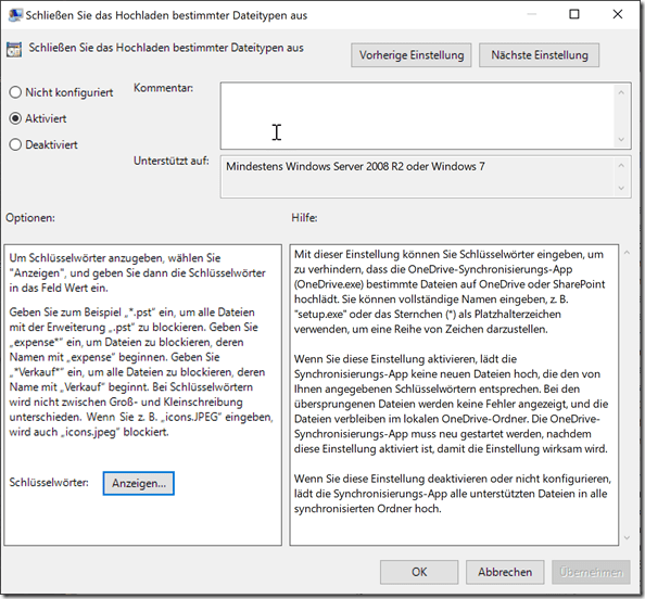 ausgewählte GPO: Schließen Sie das Hochladen bestimmter Dateitypen aus