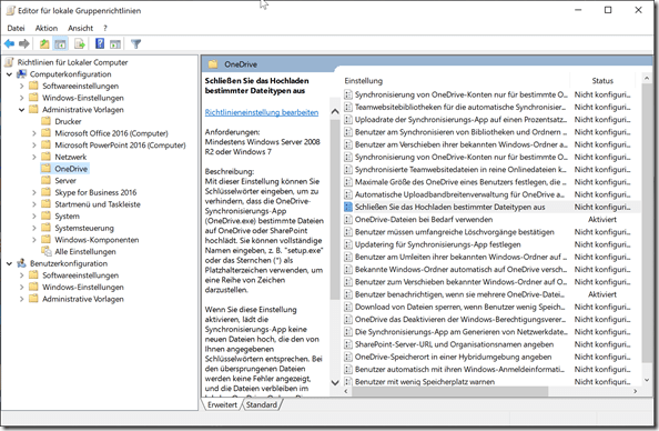 Gruppenrichtlinien Editor: OneDrive Computerrichtlinie