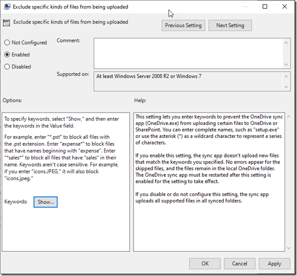 selected Group Policy: Exclude specific kinds of files from being uploaded