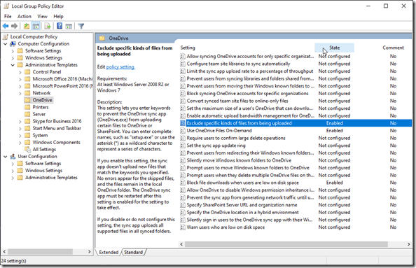 Group Policy Editor: OneDrive Computer Policy