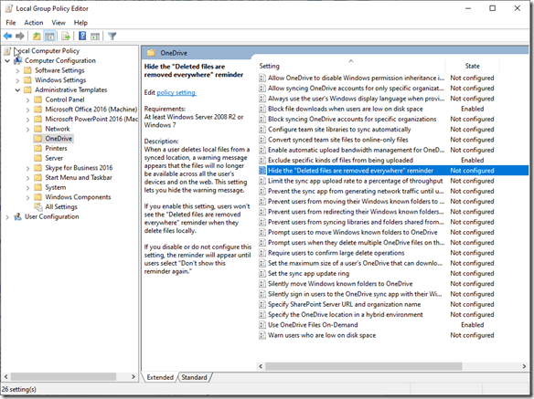 OneDrive GPO: Hide the “deleted files are removed everywhere” reminder
