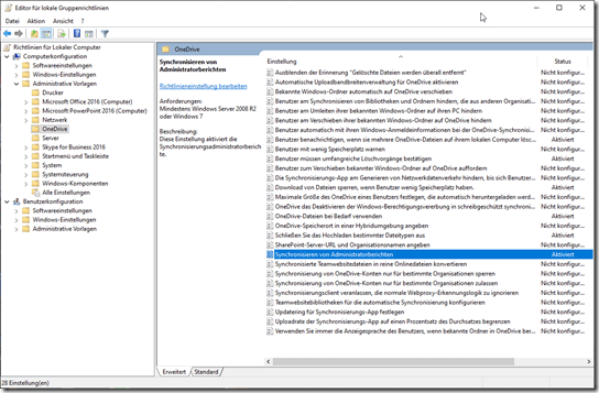 OneDrive Gruppenrichtlinie: Synchronisieren von Administratorberichten 