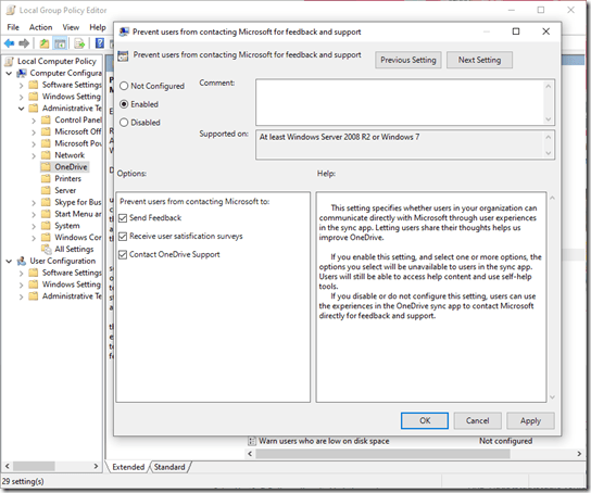 OneDrive Group Policy: Prevent users from contacting Microsoft for feedback and support