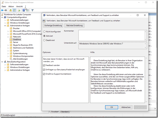 OneDrive Computer Gruppenrichtlinie: Verhindern, dass Benutzer Microsoft kontaktieren, um Feedback und Support zu erhalten