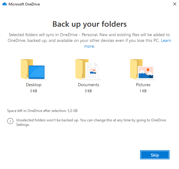 Komplette Abwahl von Desktop, Dokuments oder Bilder unter OneDrive Personal