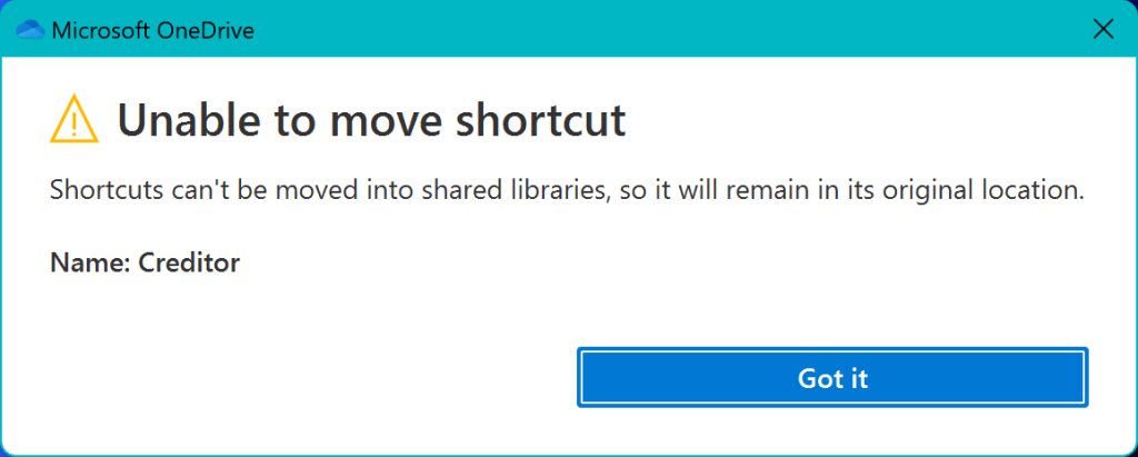 Error message that OneDrive for Business shortcuts can still be moved