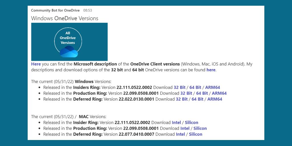 Community Bot for OneDrive with the answer to the question "OneDrive versions" or "SL01".