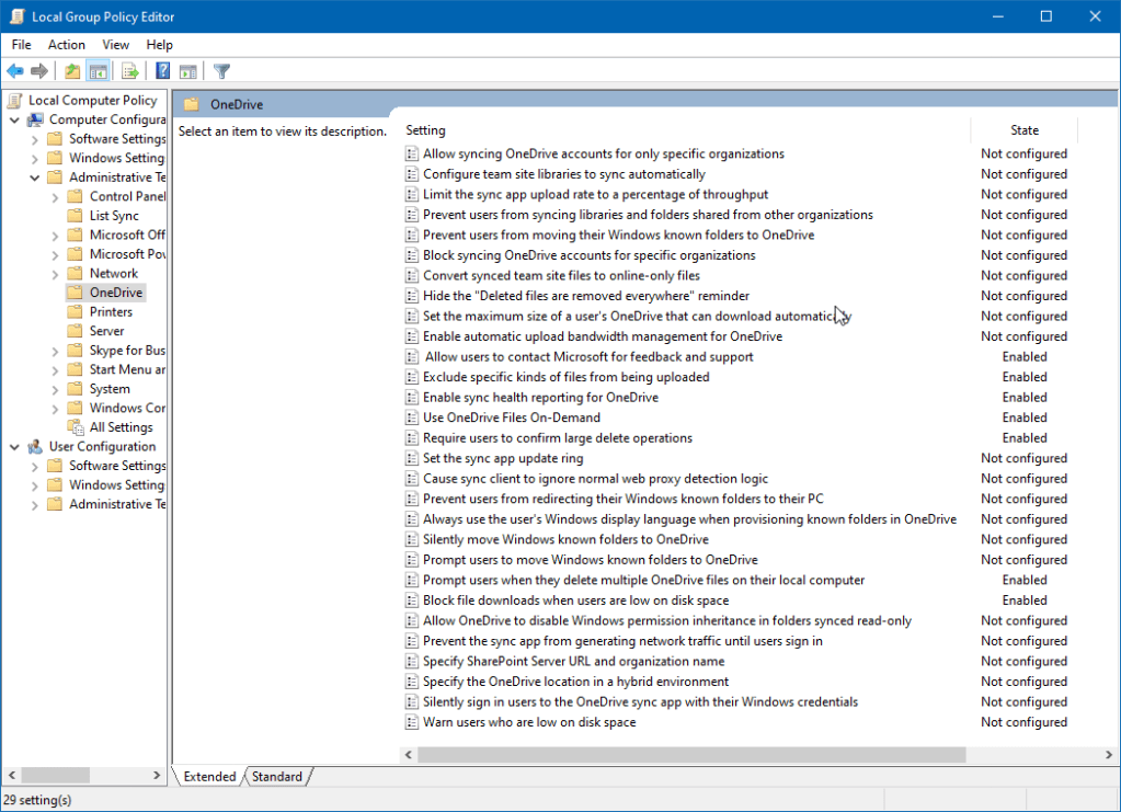 Group Policy Editor Computer configuration of OneDrive