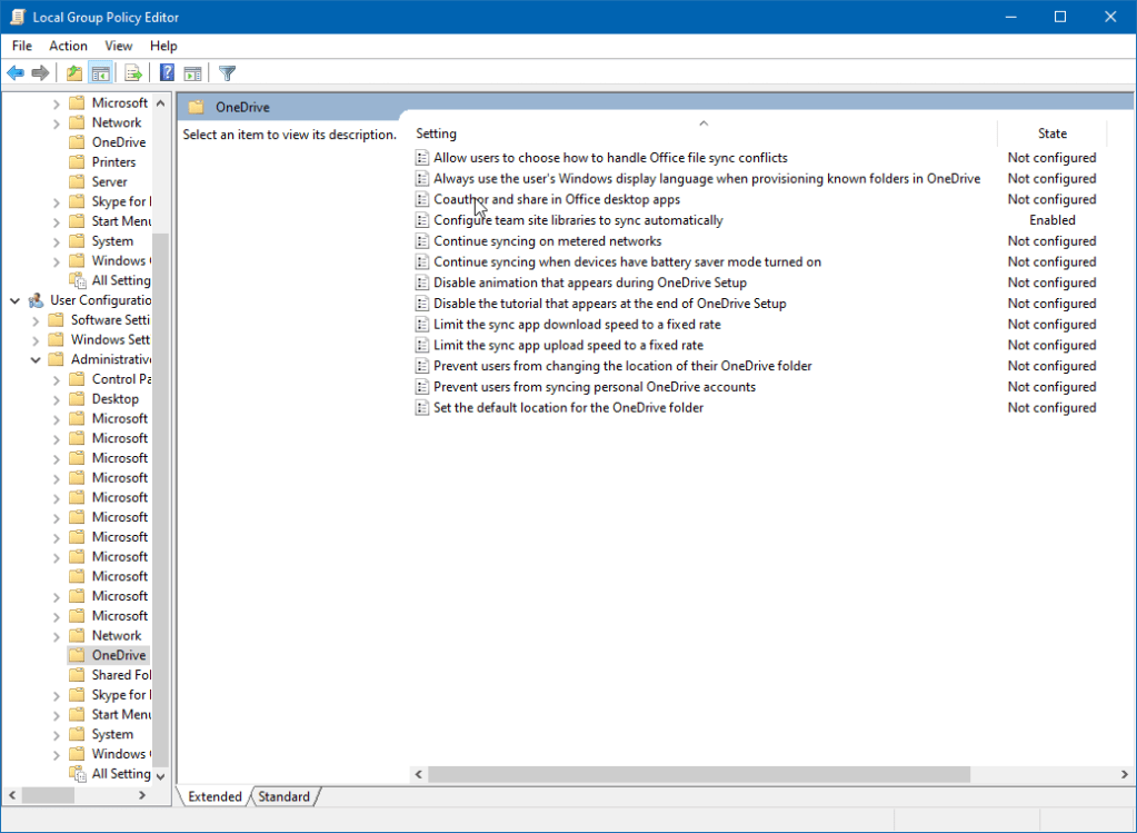 Group Policy Editor User configuration of OneDrive