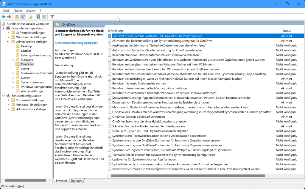 Gruppenrichtlinien Editor Computer-Konfiguration von OneDrive