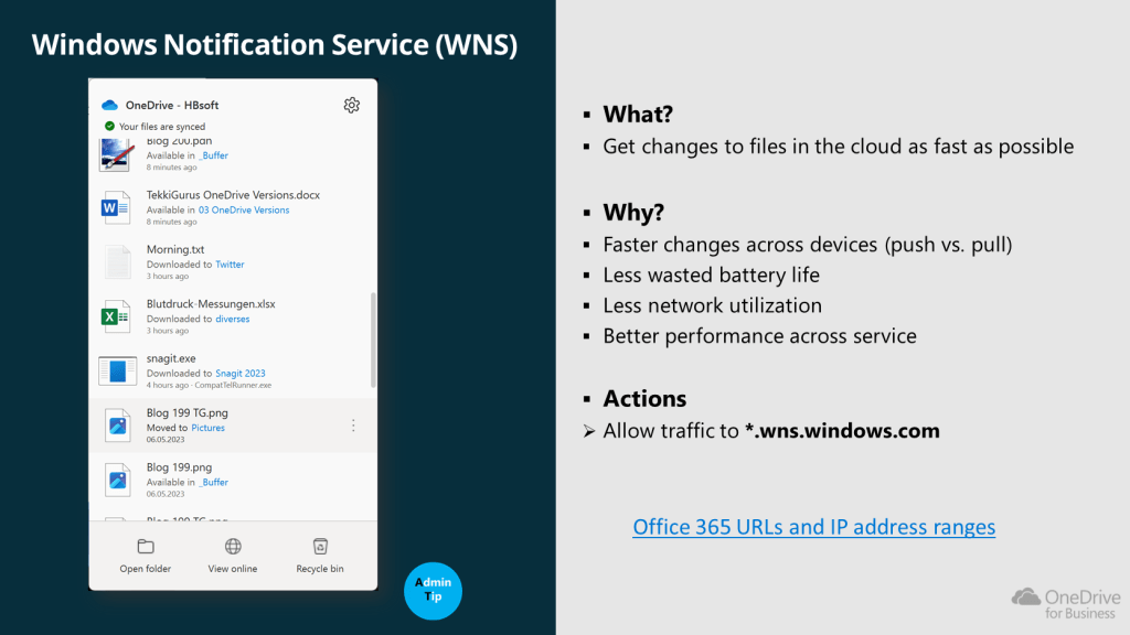 Hinweis auf die Notwendigkeit, bestimmte Server über TCP 443,80 erreichbar zu machen, um eine reibungslose Funktion von OneDrive zu gewährleisten.. Part 2 
