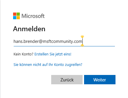 Standardanmeldung im Browser des Windows Gerätesmit den Credentials des Kontos.