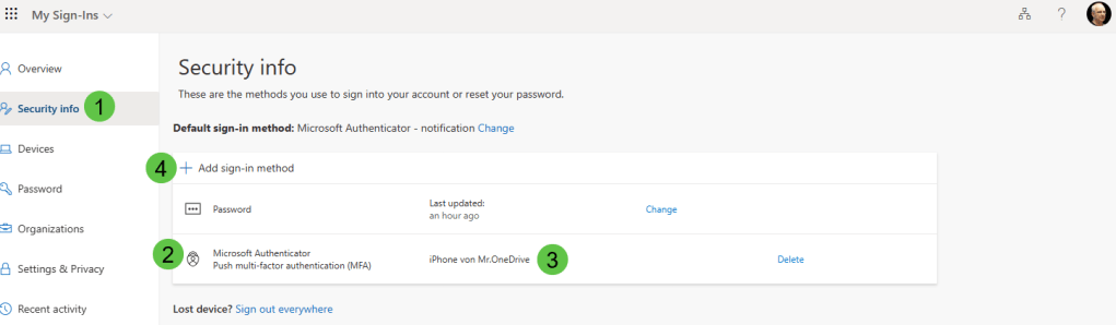 Die Abbildung zeigt die Security-Info des ausgewählten Tenants und den bisherigen Authenticator Daten.