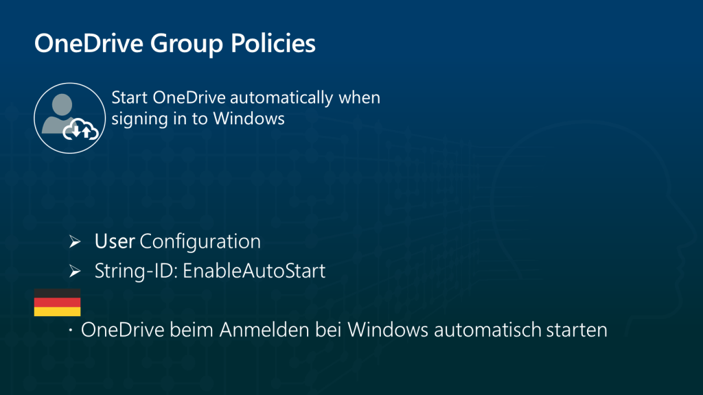 Das Bild zeigt die Gruppenrichtlinie in der Benutzerkonfiguration für OneDrive beim „Anmelden bei Windows automatisch starten“ mit der String-ID „EnableAutoStart“.