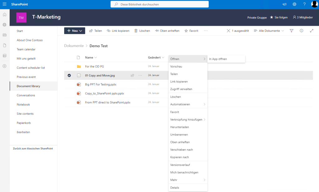 Die Abbildung zeigt die Funktion "In App öffnen", aber dieses Mal aus SharePoint Online heraus.