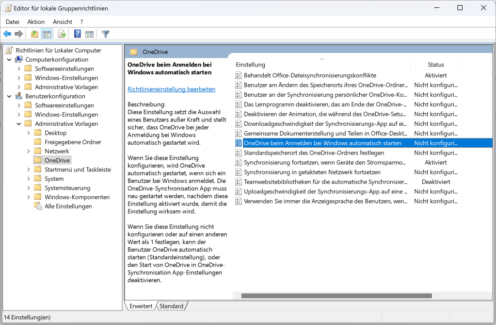 Bei dieser Abbildung erkennen sie die selektierte, aber nicht konfigurierte Gruppenrichtlinie „OneDrive beim Anmelden bei Windows automatisch starten“.
