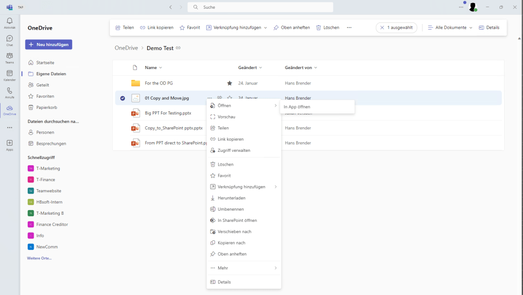 Die Abbildung zeigt das neue Teams 2.0, wo über das eingebundene OneDrive die Funktion "In App öffnen" aufgerufen werden kann.