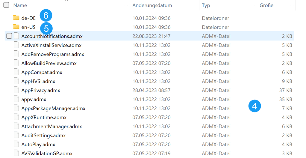 Explorer Ansicht des Windows Ordners Policy Definitions.
