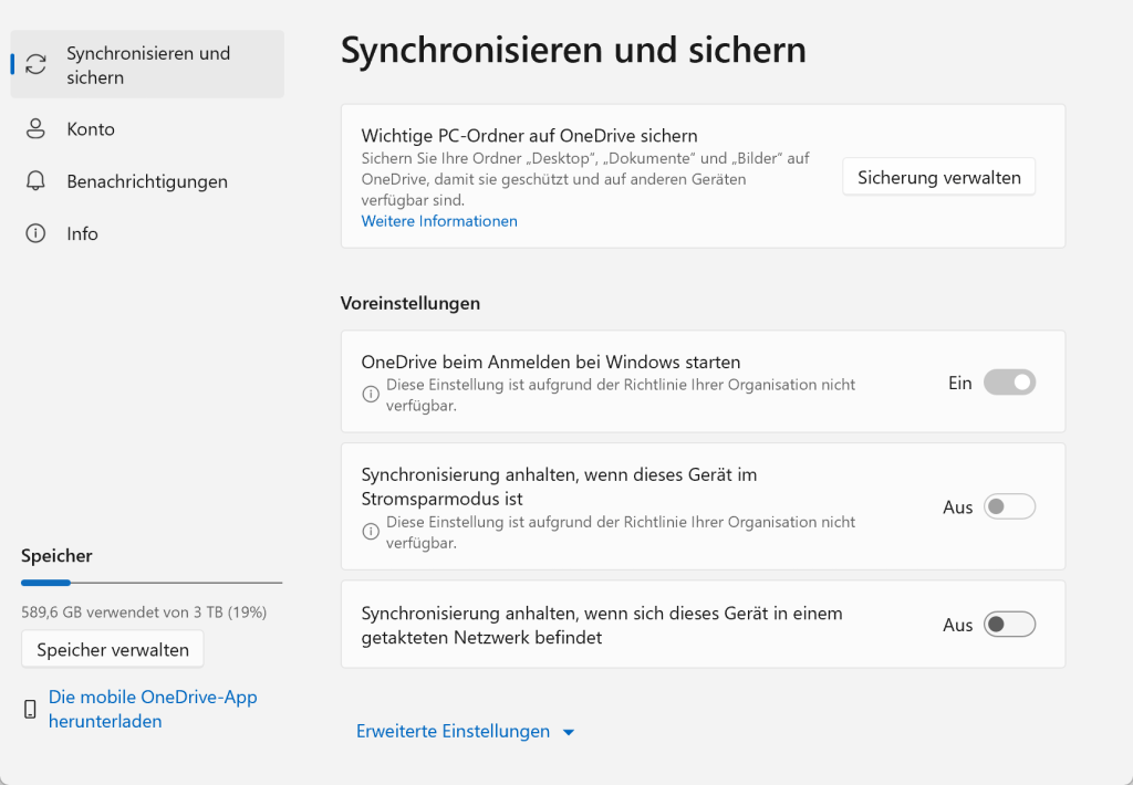 Das Bild zeigt, dass der Benutzer das automatische Anmelden von OneDrive nicht mehr ausschalten kann