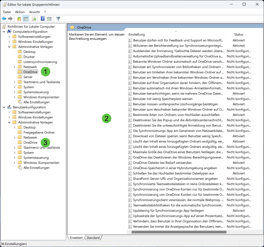 Der lokale Gruppenrichtlinien Editor mit installierten OneDrive Gruppenrichtlinien für das Gerät als auch für den lokalen Benutzer.