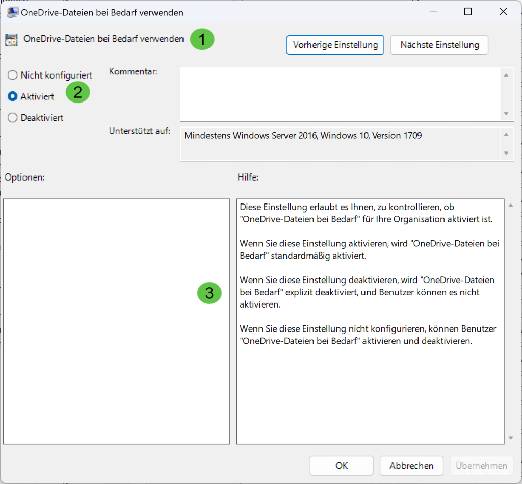 Das Bild zeigt die verschiedenen Bereiche einer Gruppenrichtlinie wie Namen, Status und Beschreibung..