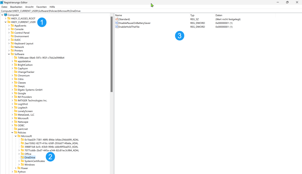 Ansicht des Zweiges in der Registry, die die Benutzer Gruppenrichtlinien für OneDrive aufzeigen.