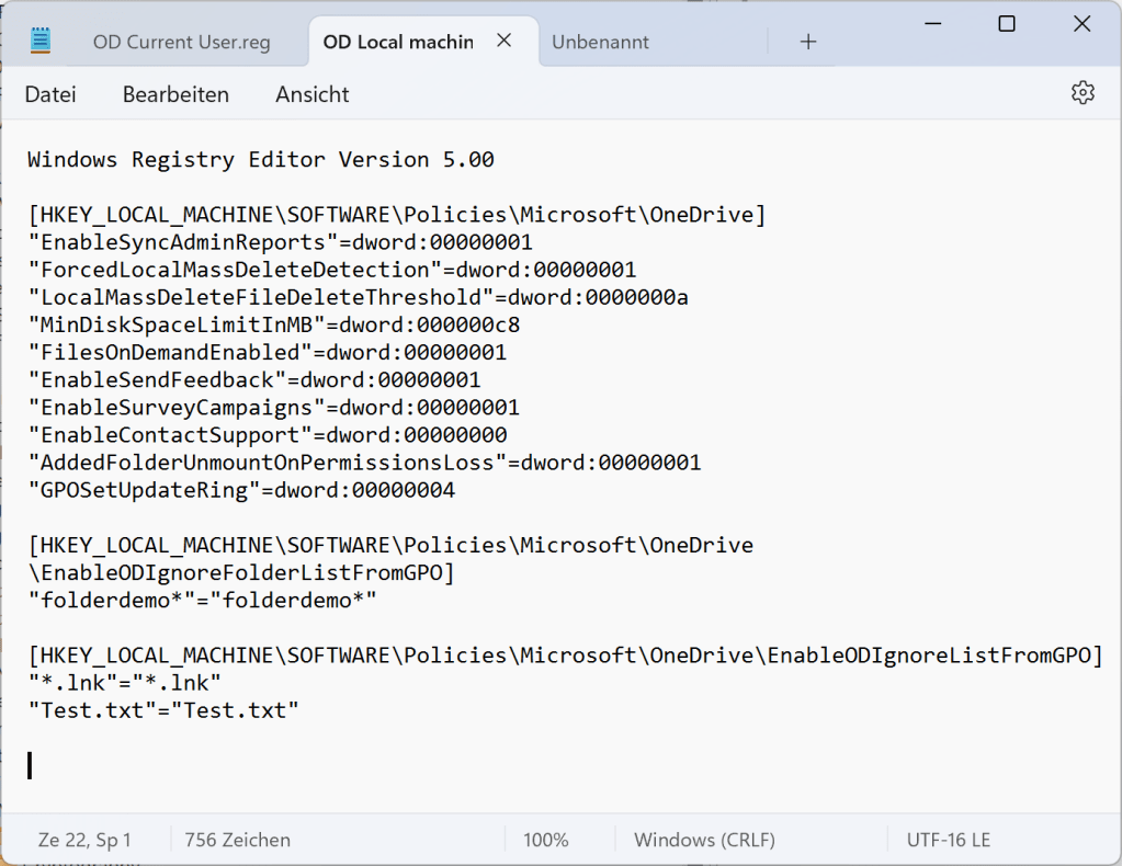 die exportierte Datei der OneDrive Gruppenrichtlinie für Geräte.