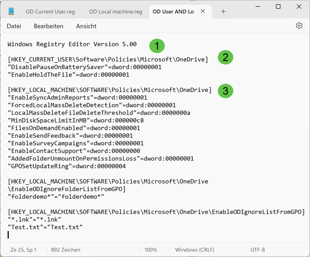 zusammengefassten Registry Einträge von OneDrive.