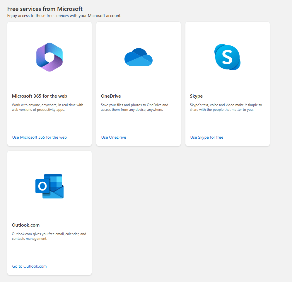 Microsoft gibt uns mit diesem Account zur freien Verfügung: Microsoft 365 apps for the Web, OneDrive Personal mit 5 GB Speicher, Skype und natürlich EMail mit Kalender und Kontakten.