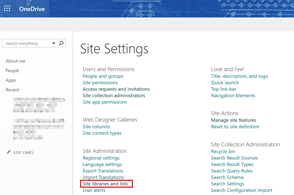 This Picture is back in OneDrive, showing Site Settings