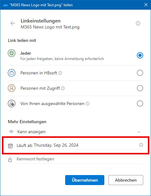 anonymes Teilen mit zeitlichem Ablauf des Links
