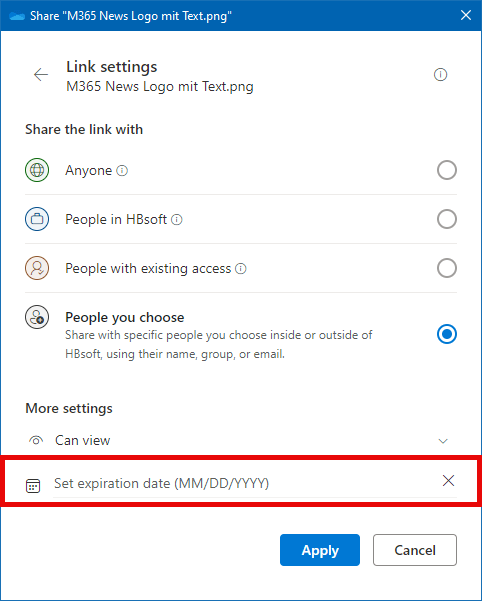 Sharing with certain people (external) and time limit for the link