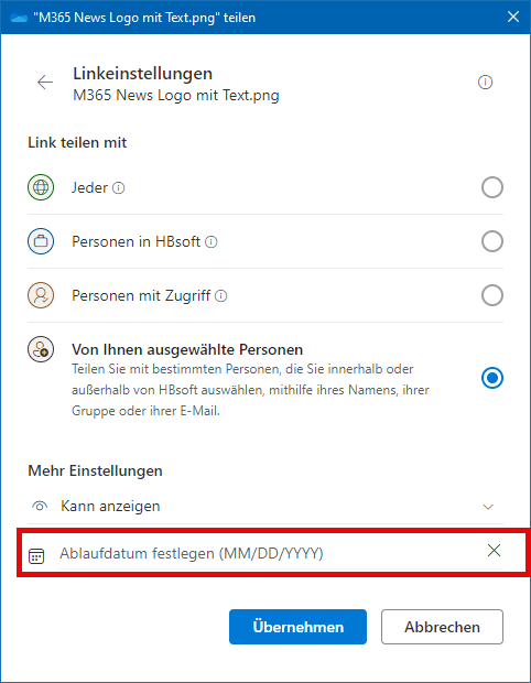 Teilen mit bestimmten Personen (extern) mit zeitlicher Einschränkung