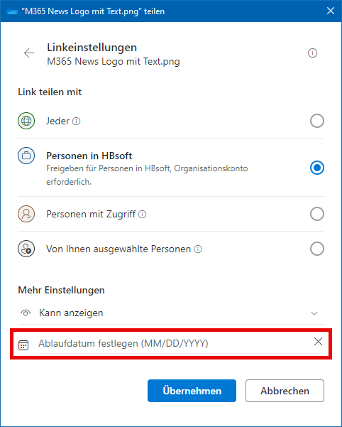 Teiilen mit zeilichem Ablauf des Links innerhalb der eigenen Organisation