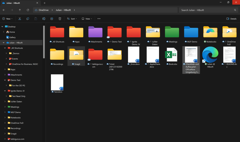 Die Ansicht im Dunkel-Modus der farbigen Ordner im Windows Explorer