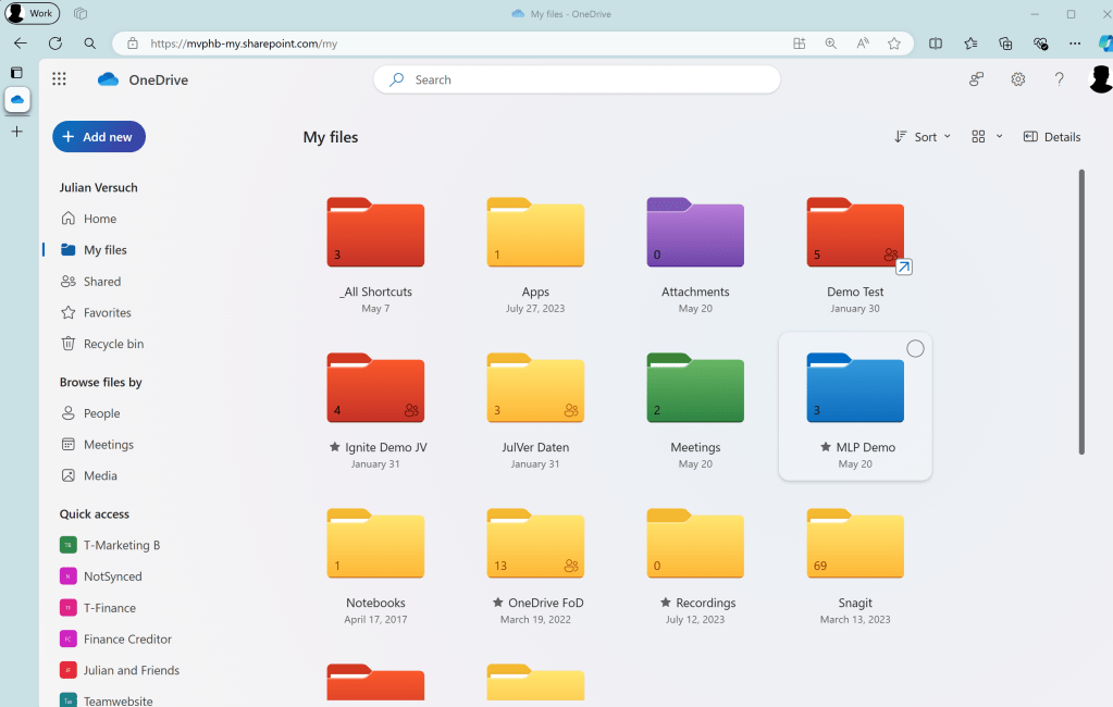 Browser-Ansicht von OneDrive for Business und die farbigen Ordner