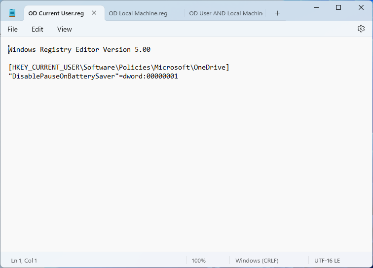 Notepad shows the exported file of the OneDrive group policy for users.