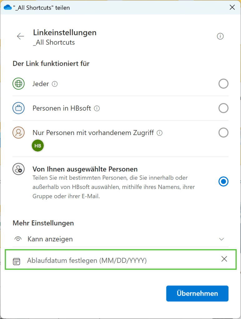 Und hier jetzt die Möglichkeit, einen externen Benutzer mit einem Link mit Ablaufdatum auf eine Datei oder einen Ordner zu versenden. Dieser Benutzer kann den Link zwar weiterleiten, aber der gewählte Empfänger erhält keinen Zugriff.