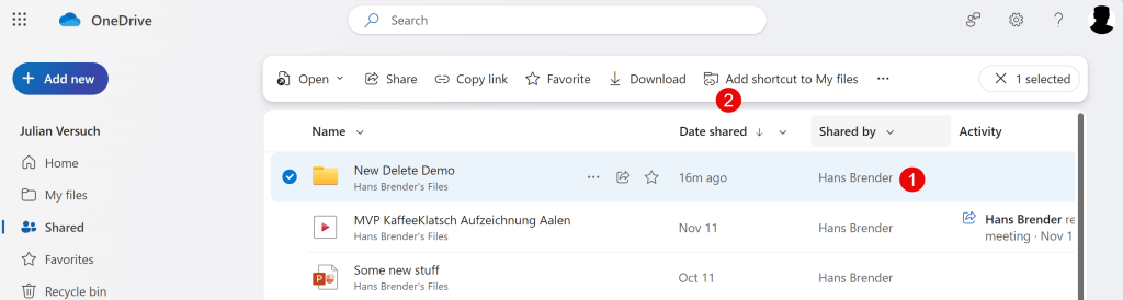 The picture shows the invitation in Julians OneDrive.  Julian now sees the folder and files in his browser.