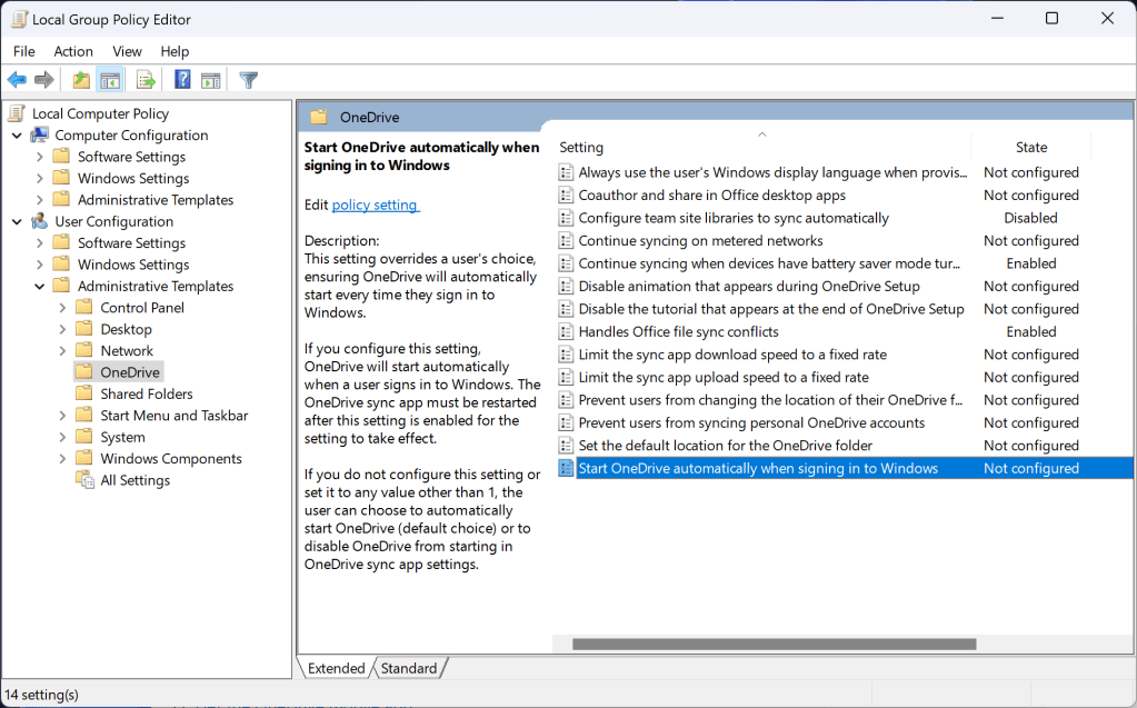The picture shows the Local Policy Editor in the user configuration with the Group Policy 'Start OneDrive automatically when signing in to Windows' selected.