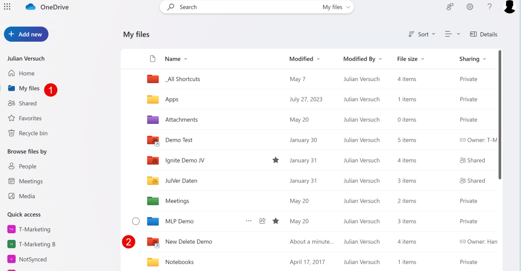 he picture shows the My files tab in Julian’s OneDrive with colorized folders. 